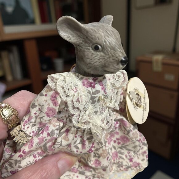 6.5” Porcelain Mouse Doll in Bonnet & Calico Dress – Cloth Body, Bisque Head/Han - Picture 1 of 8